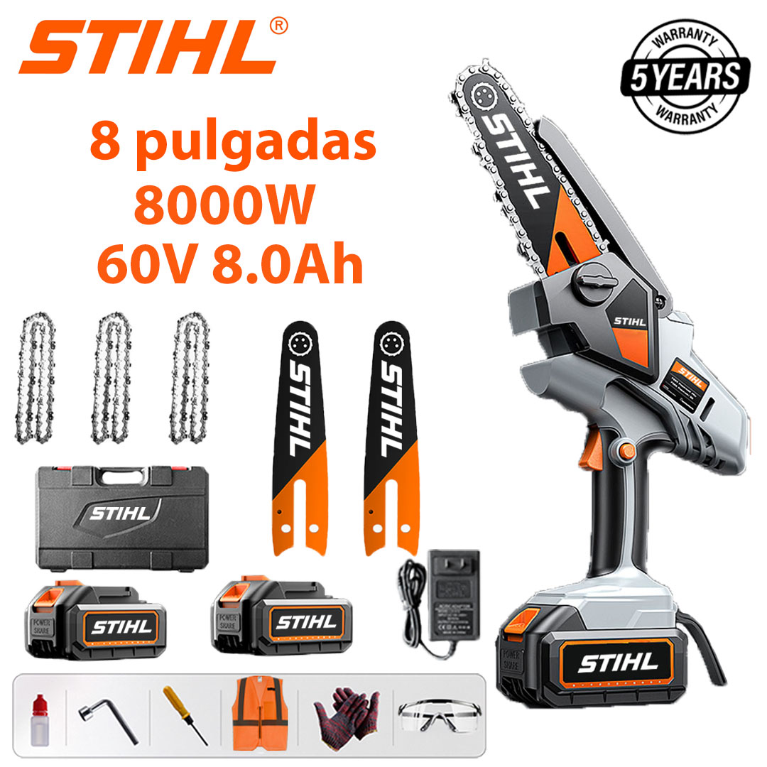 Sierra eléctrica de litio sin escobillas de 8 pulgadas, potencia de 8000 W, batería de 60 V 8,0 Ah*2, cargador, placa guía*2, cadena*3, caja de herramientas, lubricante y gafas protectoras, cinco años de garantía